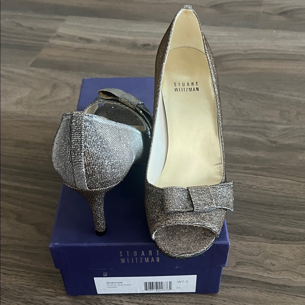 Stuart Weitzman Glittering Silver Bow Heels